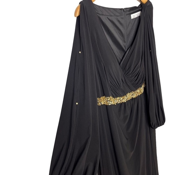 Mac Duggal Jersey V Neck Maxi Dress Gold Beaded Size 20 Leg Slit Formal - Picture 6 of 12